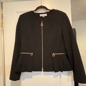 Black Tahari Suit Jacket with peplum, gold zipper, gold zipper pockets, size 14